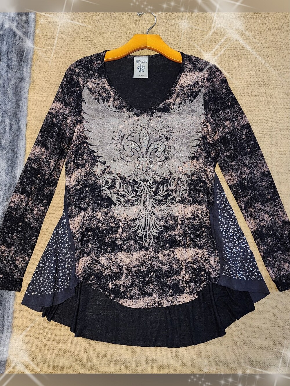 Vocal Acid Wash Rhinestone Angel Wings Tunic Top Cyber Y2k Long Sleeve S